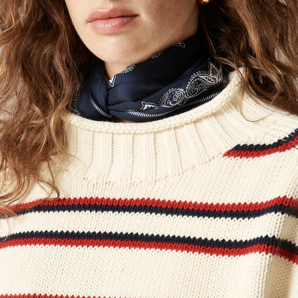 J. Crew 2025 Rollneck Sweater in Ivory Lace Ruby Navy Size L NWT - Picture 4 of 5